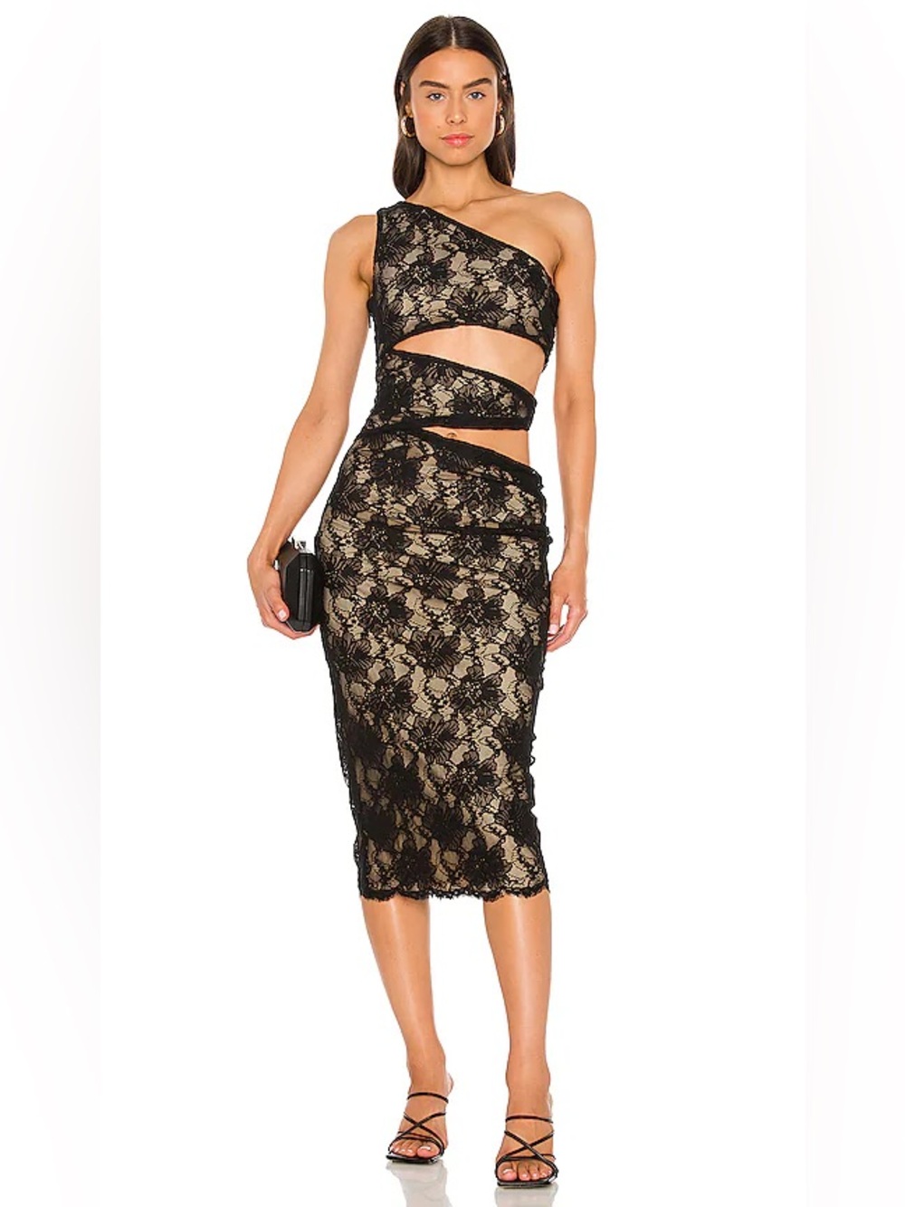 NBD Revolve Beau Black Lace Cut Out One Shoulder Cocktail Midi Dress Size XS NWT